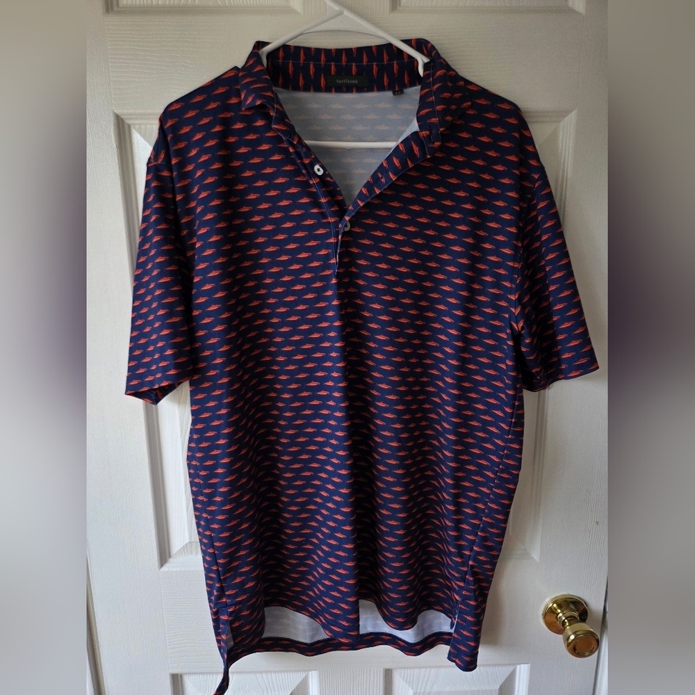 Turtleson Men's Polo M Orange Fish Pattern Navy Sea Collared Fish Print Fishing
